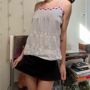 Lucky Brand White Flower Spaghetti Strap Cami with Red Embroidered Trim